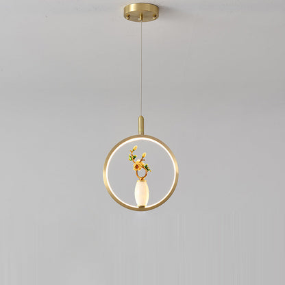 Traditional Chinese Copper Marble Zinc Alloy Round Elliptical Vase Gourd LED Pendant Light For Dining Room