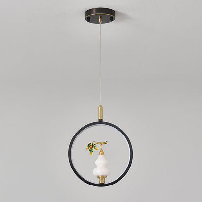 Traditional Chinese Copper Marble Zinc Alloy Round Elliptical Vase Gourd LED Pendant Light For Dining Room
