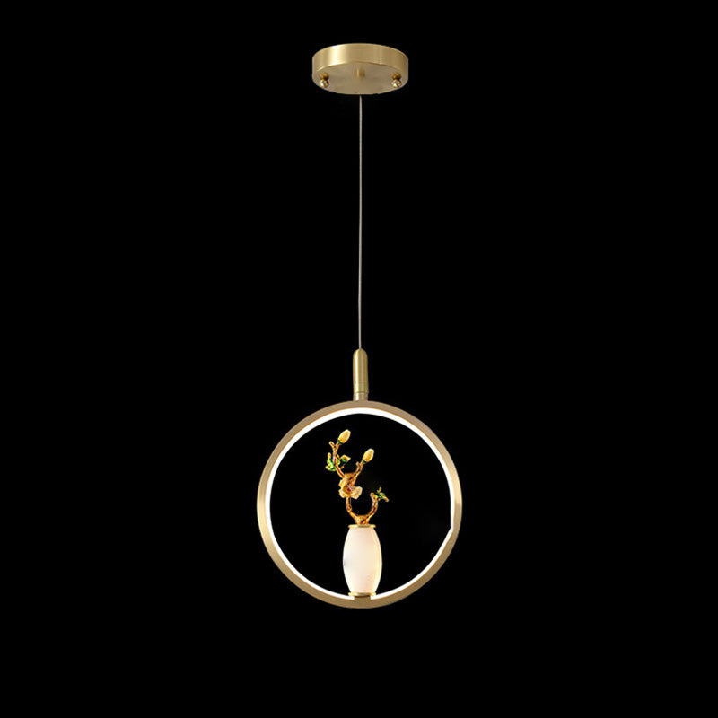 Traditional Chinese Copper Marble Zinc Alloy Round Elliptical Vase Gourd LED Pendant Light For Dining Room