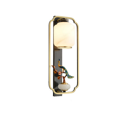 Traditional Chinese Copper Jade Glass Zinc Alloy Rectangular Cylinder Deer Plum Peacock 1-Light Wall Sconce Lamp For Hallway
