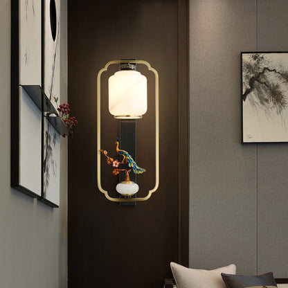 Traditional Chinese Copper Jade Glass Zinc Alloy Rectangular Cylinder Deer Plum Peacock 1-Light Wall Sconce Lamp For Hallway