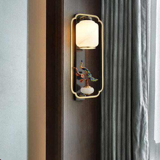 Traditional Chinese Copper Jade Glass Zinc Alloy Rectangular Cylinder Deer Plum Peacock 1-Light Wall Sconce Lamp For Hallway