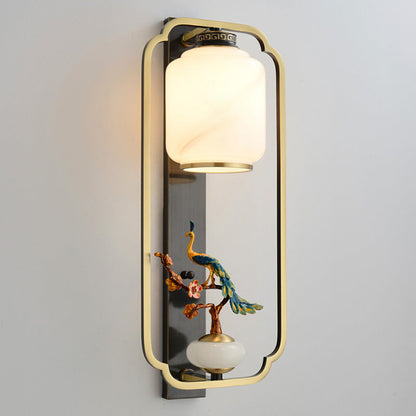 Traditional Chinese Copper Jade Glass Zinc Alloy Rectangular Cylinder Deer Plum Peacock 1-Light Wall Sconce Lamp For Hallway