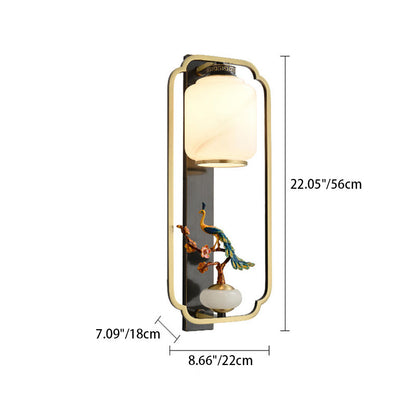 Traditional Chinese Copper Jade Glass Zinc Alloy Rectangular Cylinder Deer Plum Peacock 1-Light Wall Sconce Lamp For Hallway