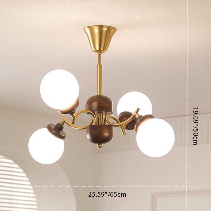 Traditional Vintage Ash Wood Glass Iron Ball 4/6/8/10 Light Chandeliers For Living Room