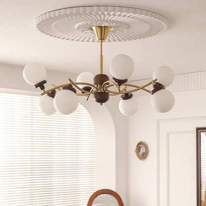 Traditional Vintage Ash Wood Glass Iron Ball 4/6/8/10 Light Chandeliers For Living Room