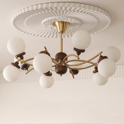 Traditional Vintage Ash Wood Glass Iron Ball 4/6/8/10 Light Chandeliers For Living Room
