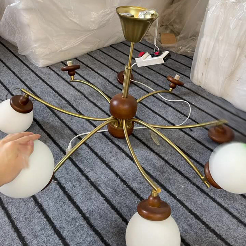 Traditional Vintage Ash Wood Glass Iron Ball 4/6/8/10 Light Chandeliers For Living Room