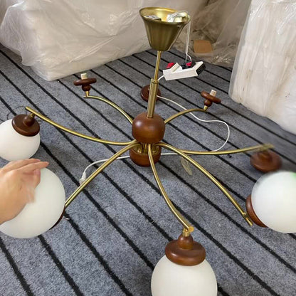 Traditional Vintage Ash Wood Glass Iron Ball 4/6/8/10 Light Chandeliers For Living Room