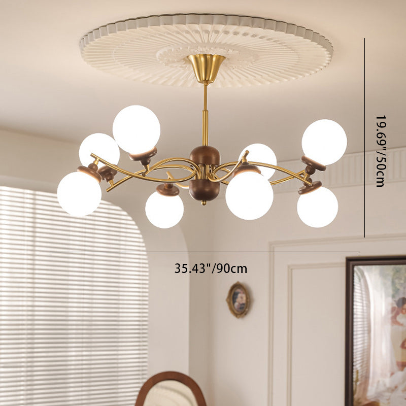 Traditional Vintage Ash Wood Glass Iron Ball 4/6/8/10 Light Chandeliers For Living Room