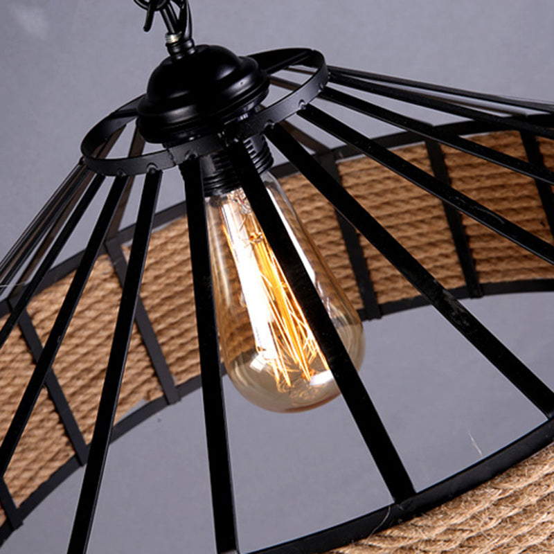Contemporary Industrial Iron Hemp Rope Round Conic 1-Light Pendant Light For Dining Room