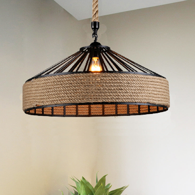 Contemporary Industrial Iron Hemp Rope Round Conic 1-Light Pendant Light For Dining Room