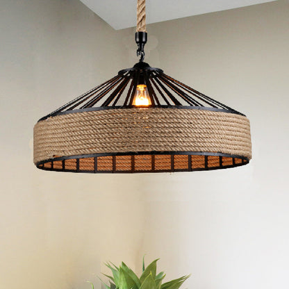 Contemporary Industrial Iron Hemp Rope Round Conic 1-Light Pendant Light For Dining Room