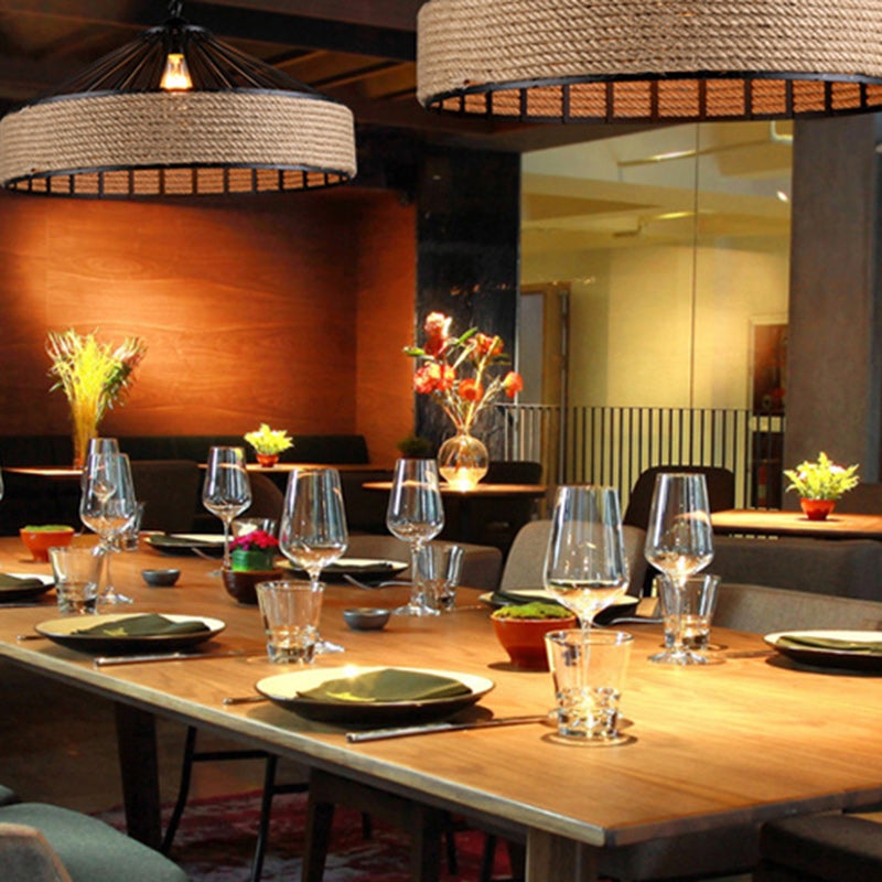 Contemporary Industrial Iron Hemp Rope Round Conic 1-Light Pendant Light For Dining Room