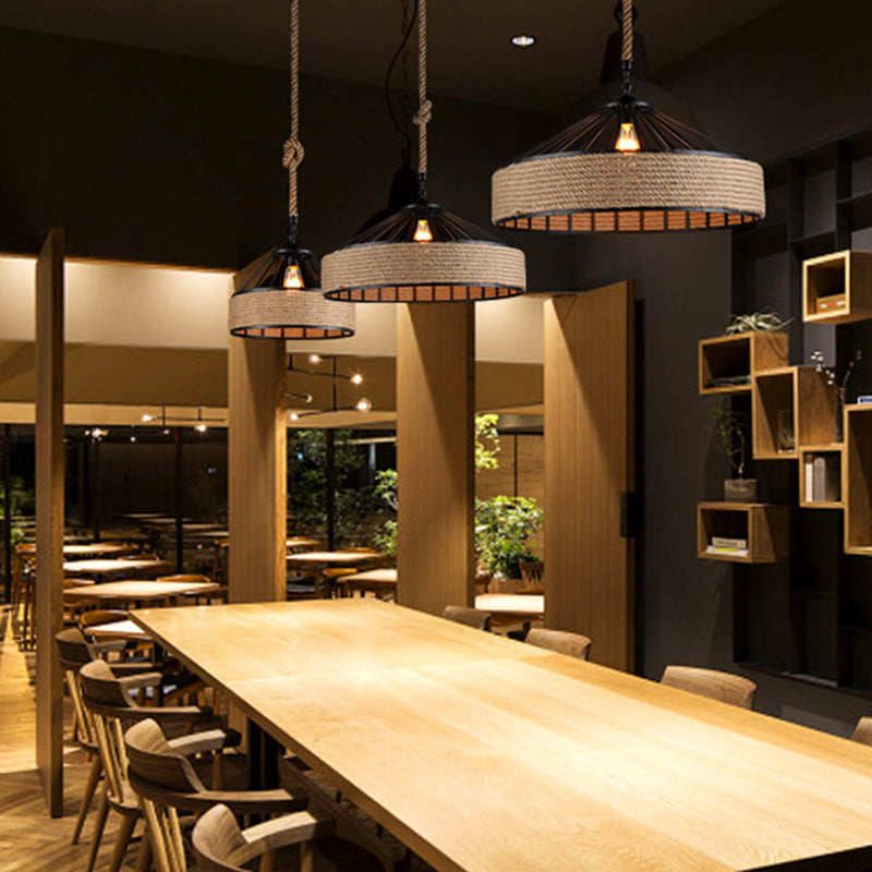 Contemporary Industrial Iron Hemp Rope Round Conic 1-Light Pendant Light For Dining Room