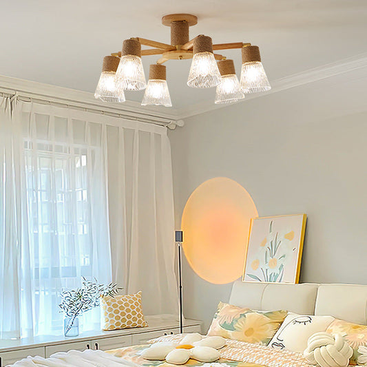 Traditional Japanese Copper Wood Glass Hemp Rope Conic Ripple 1/6/8 Semi-Flush Mount Ceiling Light For Hallway