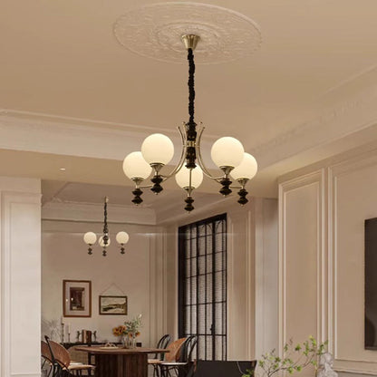 Traditional Vintage Ash Wood Metal Glass Ball 3/5/6/8 Light Chandeliers For Living Room