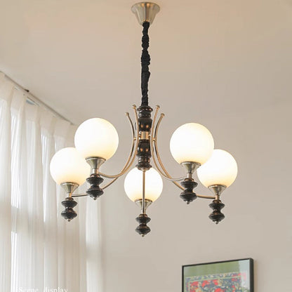 Traditional Vintage Ash Wood Metal Glass Ball 3/5/6/8 Light Chandeliers For Living Room