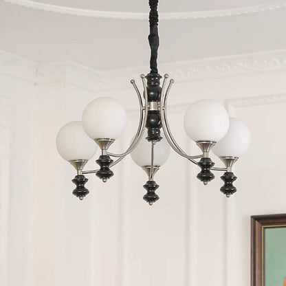 Traditional Vintage Ash Wood Metal Glass Ball 3/5/6/8 Light Chandeliers For Living Room