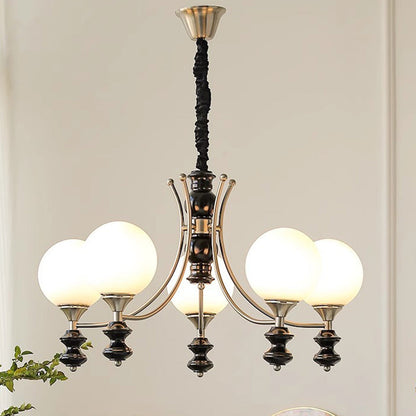 Traditional Vintage Ash Wood Metal Glass Ball 3/5/6/8 Light Chandeliers For Living Room