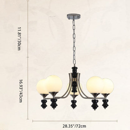 Traditional Vintage Ash Wood Metal Glass Ball 3/5/6/8 Light Chandeliers For Living Room
