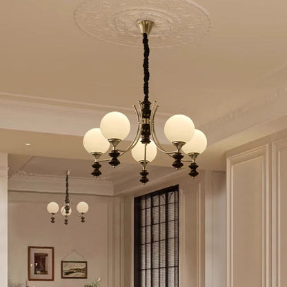 Traditional Vintage Ash Wood Metal Glass Ball 3/5/6/8 Light Chandeliers For Living Room