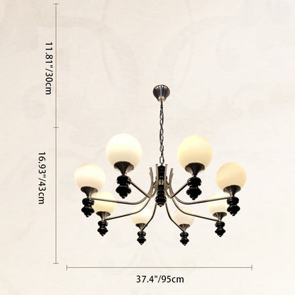 Traditional Vintage Ash Wood Metal Glass Ball 3/5/6/8 Light Chandeliers For Living Room