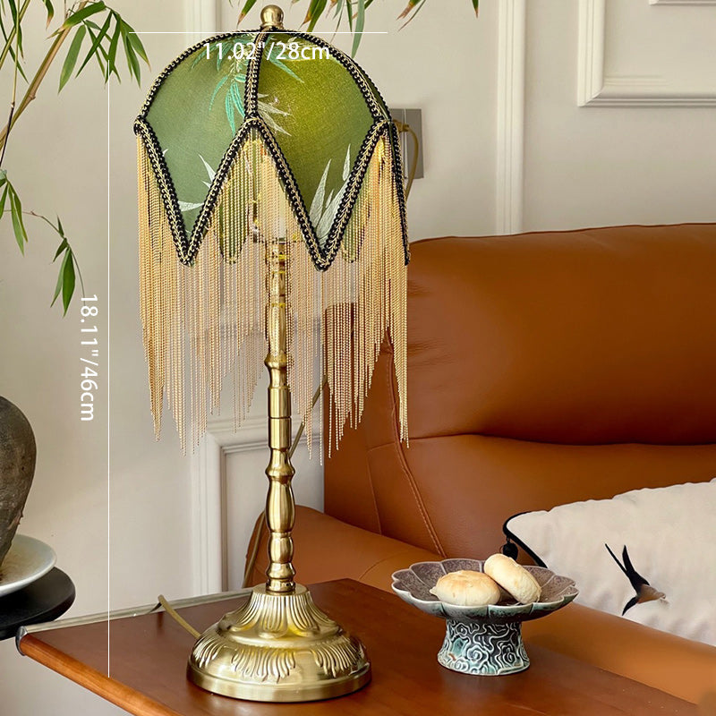 Traditional Vintage Fabric Iron Fringe Bamboo Leaf Triangle 1-Light Table Lamp For Bedside
