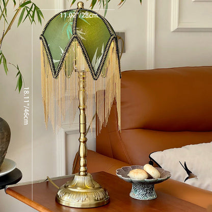 Traditional Vintage Fabric Iron Fringe Bamboo Leaf Triangle 1-Light Table Lamp For Bedside
