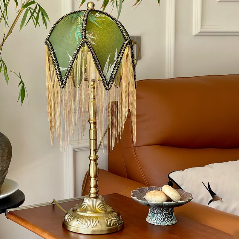 Traditional Vintage Fabric Iron Fringe Bamboo Leaf Triangle 1-Light Table Lamp For Bedside