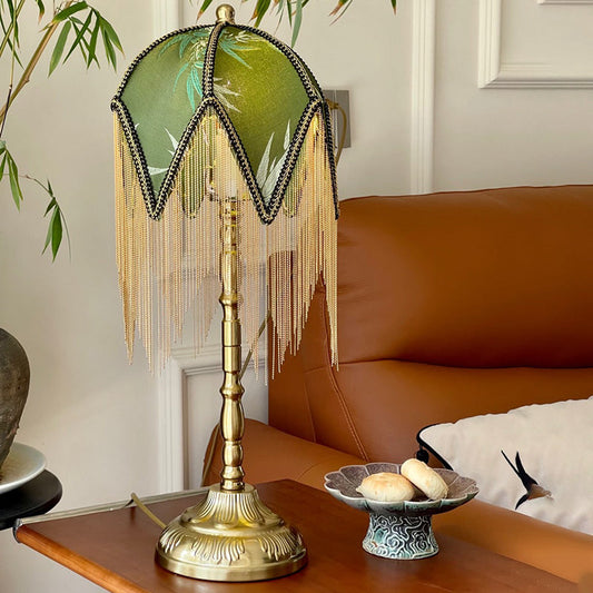 Traditional Vintage Fabric Iron Fringe Bamboo Leaf Triangle 1-Light Table Lamp For Bedside