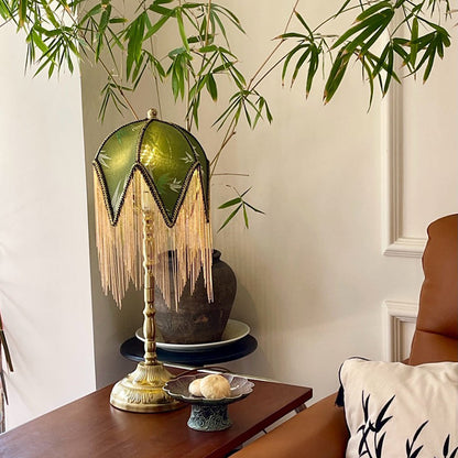 Traditional Vintage Fabric Iron Fringe Bamboo Leaf Triangle 1-Light Table Lamp For Bedside