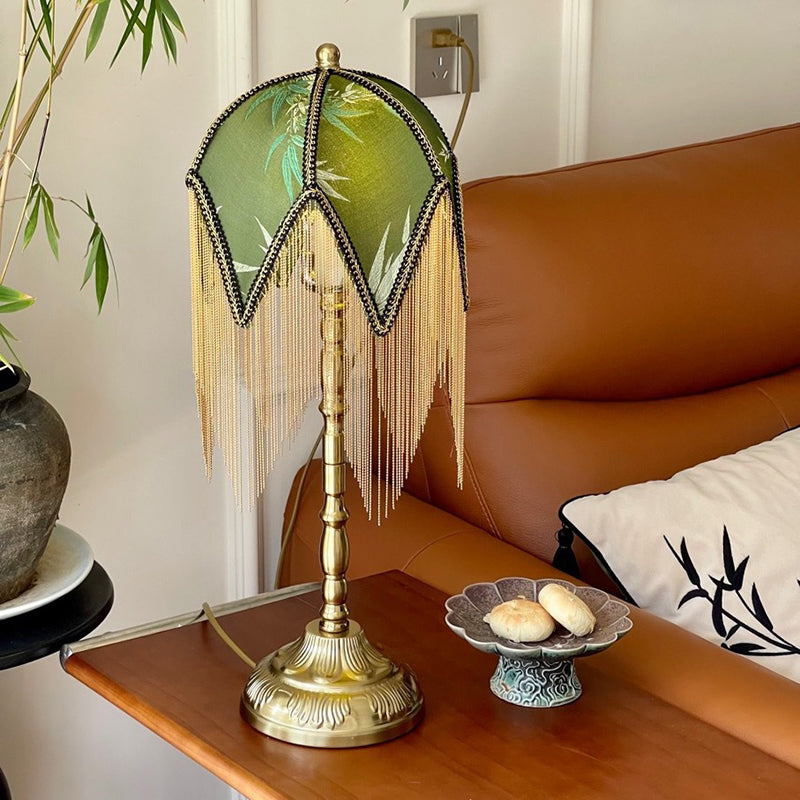 Traditional Vintage Fabric Iron Fringe Bamboo Leaf Triangle 1-Light Table Lamp For Bedside