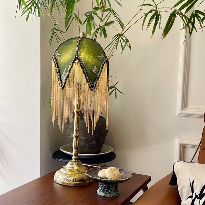 Traditional Vintage Fabric Iron Fringe Bamboo Leaf Triangle 1-Light Table Lamp For Bedside