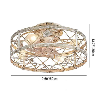 Contemporary Industrial Round Caged Metal 4-Light Semi-Flush Mount Ceiling Fan Light Living Room