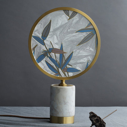 Traditional Chinese Brass Marble Glass Glaze Round Handmade Painted Bamboo Leaves LED Table Lamp For Bedside
