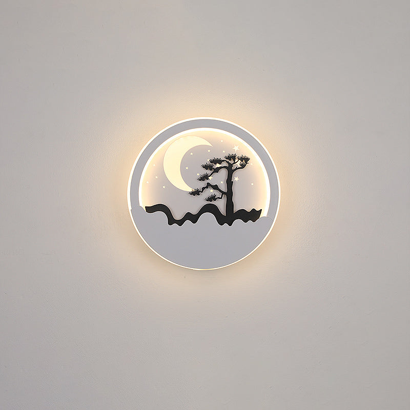 مصباح حائط LED بتصميم دائري على شكل قمر وشجرة صنوبر وغزال مصنوع من الحديد الأكريليكي والسيليكون بتصميم نورديك المعاصر لوضعه بجانب السرير 