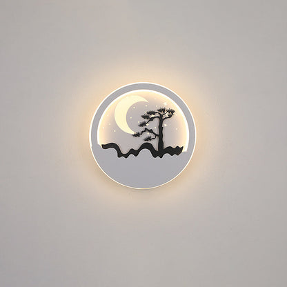 مصباح حائط LED بتصميم دائري على شكل قمر وشجرة صنوبر وغزال مصنوع من الحديد الأكريليكي والسيليكون بتصميم نورديك المعاصر لوضعه بجانب السرير 