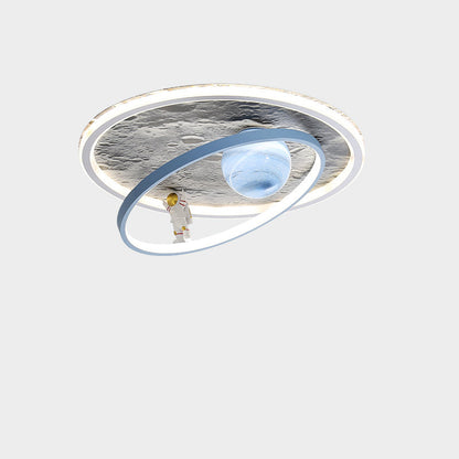 Contemporary Scandinavian Kids Iron Aluminum Resin Acrylic Round Moon Astronaut LED Flush Mount Ceiling Light For Bedroom