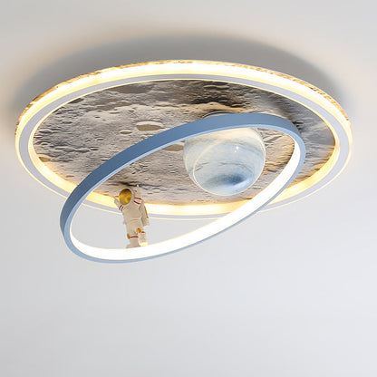 Contemporary Scandinavian Kids Iron Aluminum Resin Acrylic Round Moon Astronaut LED Flush Mount Ceiling Light For Bedroom