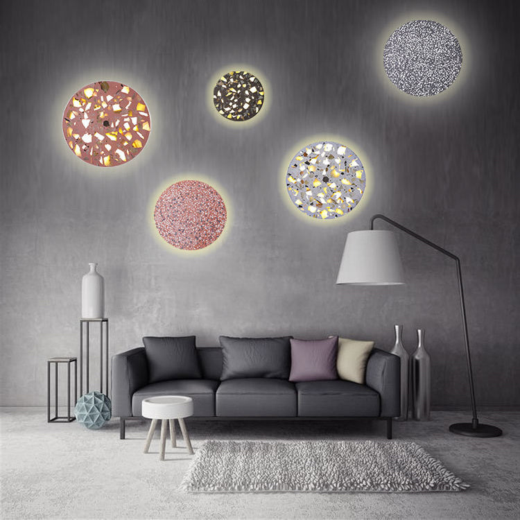 Contemporary Scandinavian Metal Terrazzo Round LED Wall Sconce Lamp For Living Room