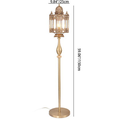 Traditional European Brass Glass Dome Cylinder Lantern Openwork Carving 1-Light Standing Floor Lamp For Living Room