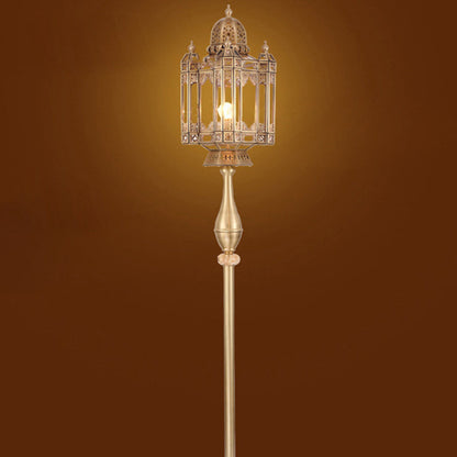 Traditional European Brass Glass Dome Cylinder Lantern Openwork Carving 1-Light Standing Floor Lamp For Living Room