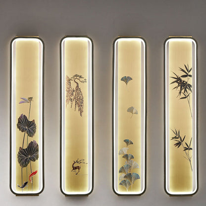 Traditional Chinese Copper Enamel Rectangular Hand Painted Lotus Bamboo Leaf Ginkgo Biloba LED Wall Sconce Lamp For Bedside