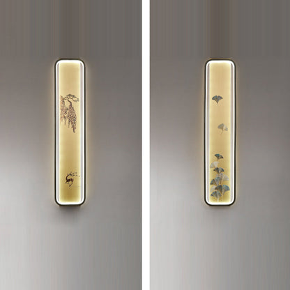 Traditional Chinese Copper Enamel Rectangular Hand Painted Lotus Bamboo Leaf Ginkgo Biloba LED Wall Sconce Lamp For Bedside