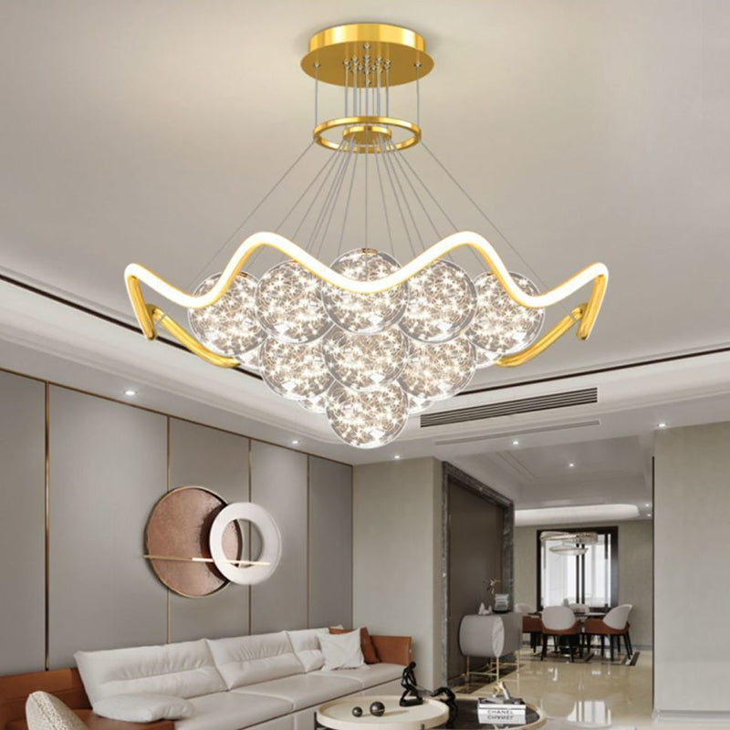 ثريات LED حديثة فاخرة من المعدن الأكريليك الزجاجي على شكل نجمة كاملة وموجة دائرية لغرفة المعيشة 