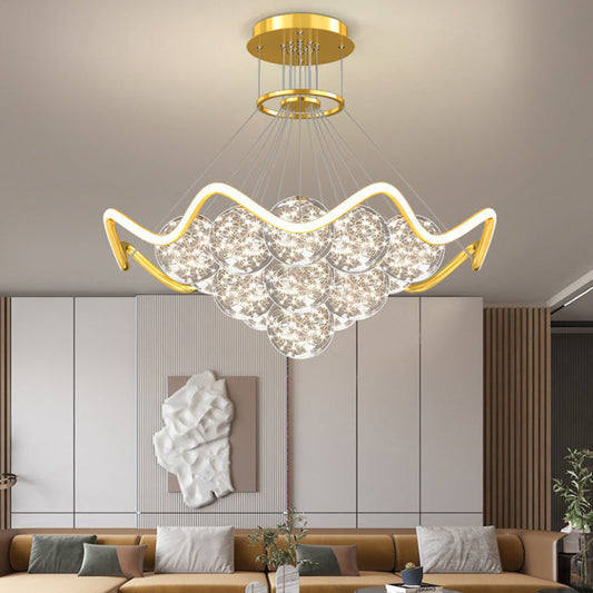 ثريات LED حديثة فاخرة من المعدن الأكريليك الزجاجي على شكل نجمة كاملة وموجة دائرية لغرفة المعيشة 