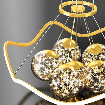 ثريات LED حديثة فاخرة من المعدن الأكريليك الزجاجي على شكل نجمة كاملة وموجة دائرية لغرفة المعيشة 