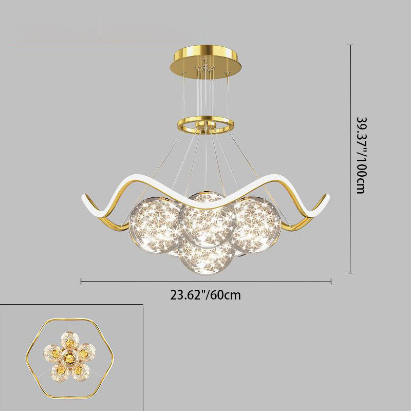ثريات LED حديثة فاخرة من المعدن الأكريليك الزجاجي على شكل نجمة كاملة وموجة دائرية لغرفة المعيشة 
