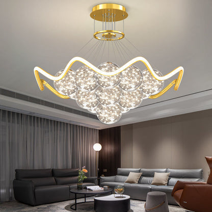 ثريات LED حديثة فاخرة من المعدن الأكريليك الزجاجي على شكل نجمة كاملة وموجة دائرية لغرفة المعيشة 